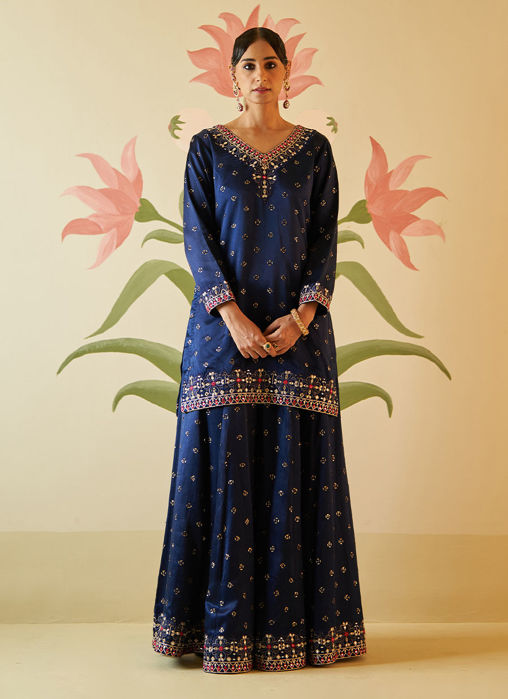 Picture of MID NIGHT BLUE SATIN SILK SHARARA SET