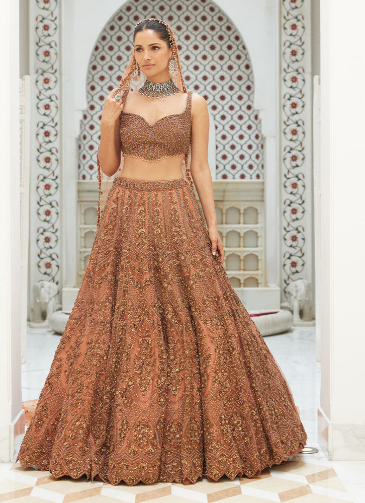 Picture of COPPER NET LEHENGA CHOLI SET WITH HEAD VEIL