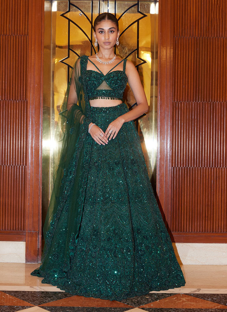 Picture of EMERALD GREEN NET LEHENGA CHOLI DUPATTA SET