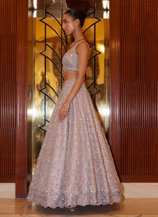 LAVENDER PINK TAFETTA LEHENGA WITH NET OVERLAYER WITH CHOLI AND DUPATTA