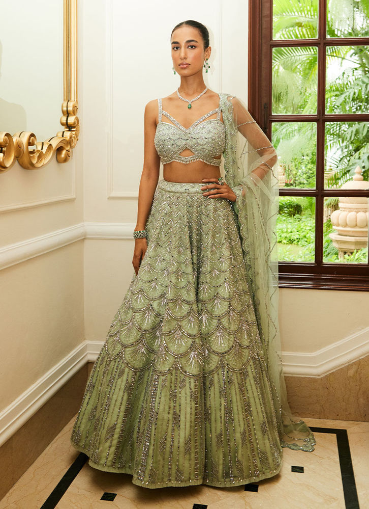 Picture of MINT GREEN NET LEHENGA CHOLI DUPATTA SET