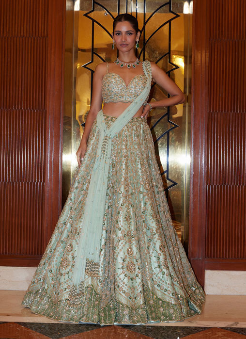 Picture of MINT GREEN NET LEHENGA CHOLI SET WITH DRAPED DUPATTA