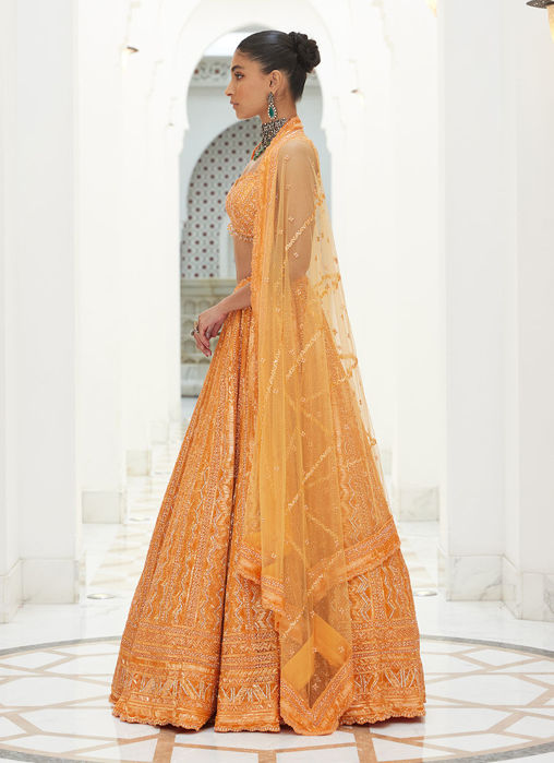 ORANGE NET LEHENGA CHOLI DUPATTA SET