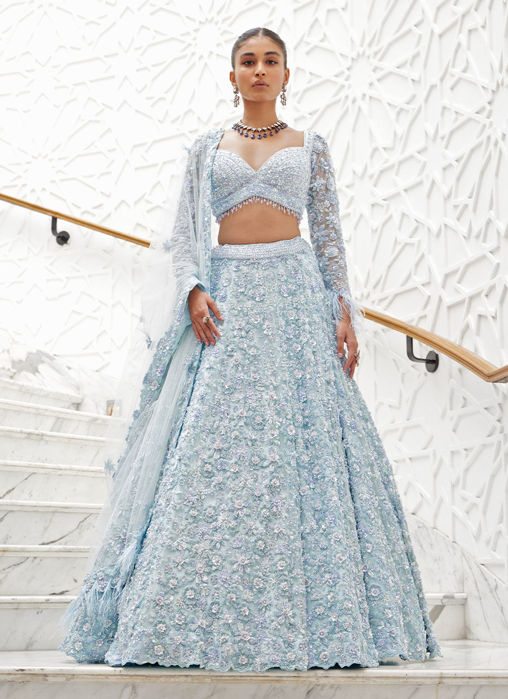 Picture of POWDER BLUE NET LEHENGA CHOLI SET