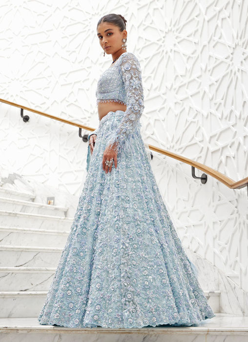 POWDER BLUE NET LEHENGA CHOLI SET