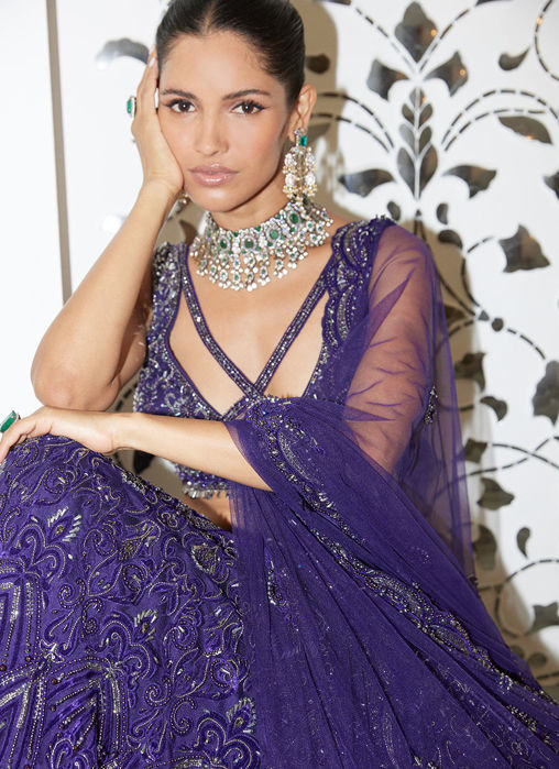 PURPLE NET LEHENGA CHOLI DUPATTA