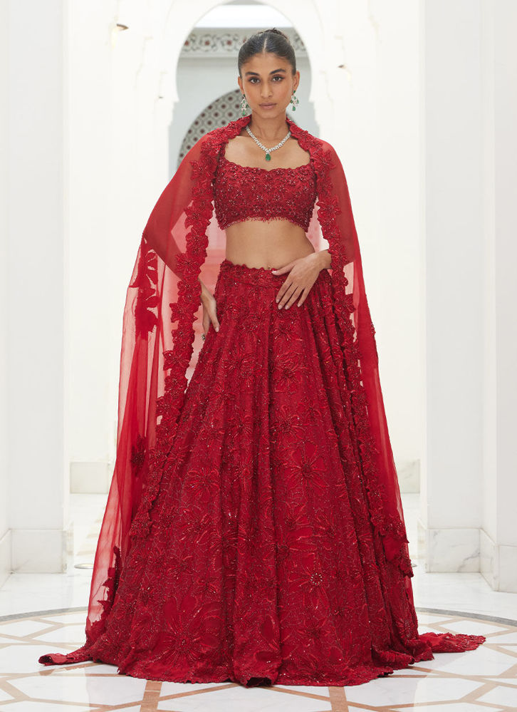 Picture of RED RAW SILK LEHENGA CHOLI SET