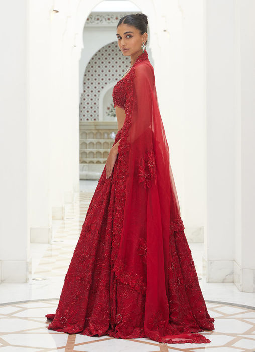 RED RAW SILK LEHENGA CHOLI SET