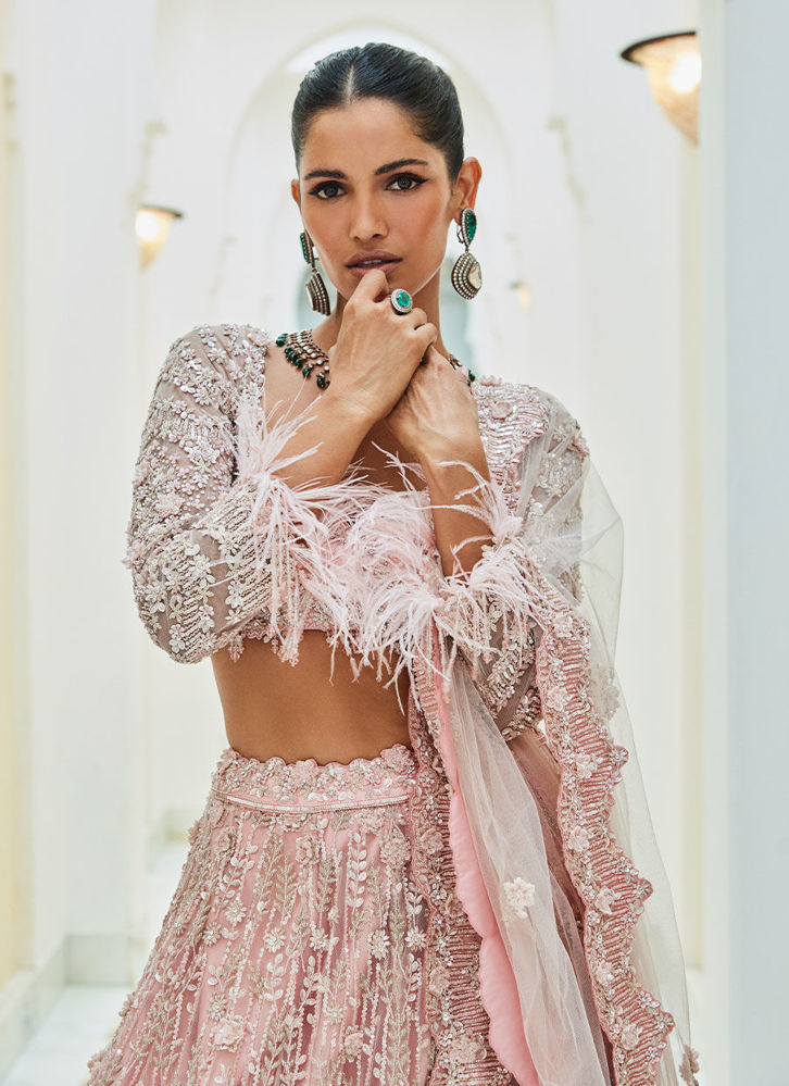 Picture of ROSE PINK NET LEHENGA CHOLI SET