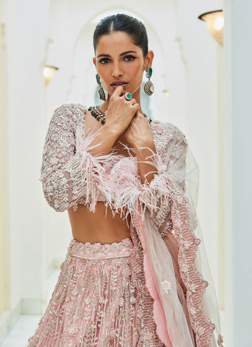 Picture of ROSE PINK NET LEHENGA CHOLI SET