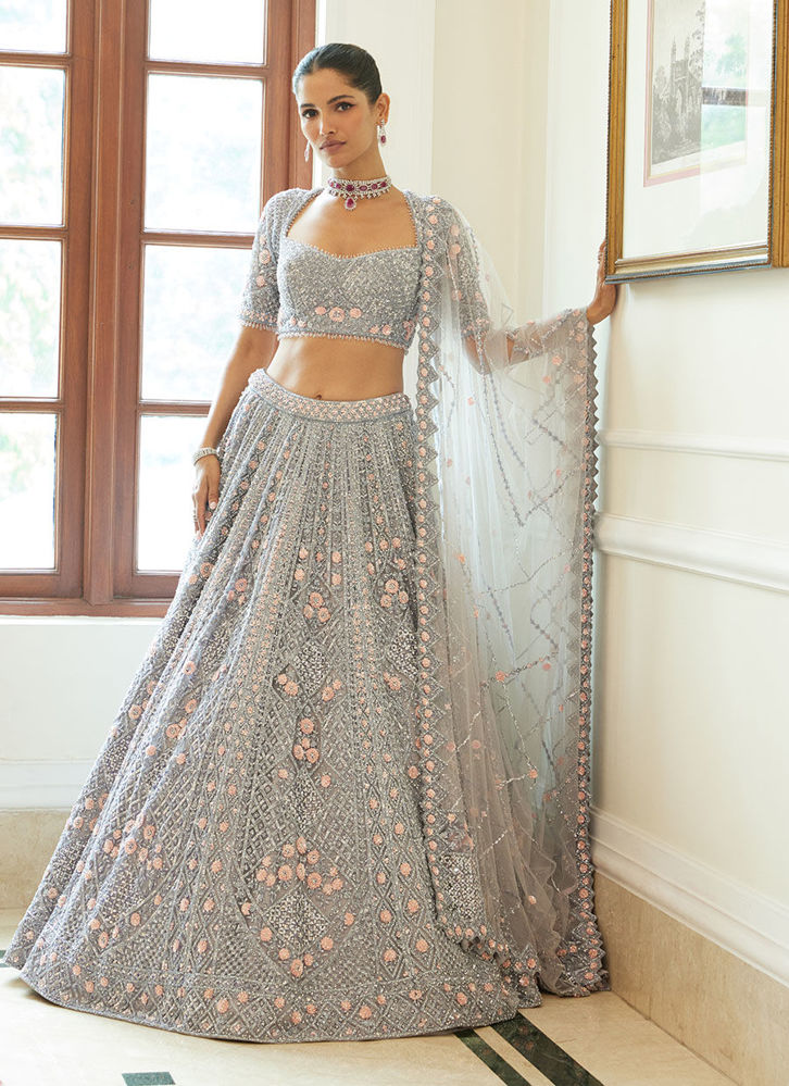 Picture of SILVER GREY NET LEHENGA CHOLI SET