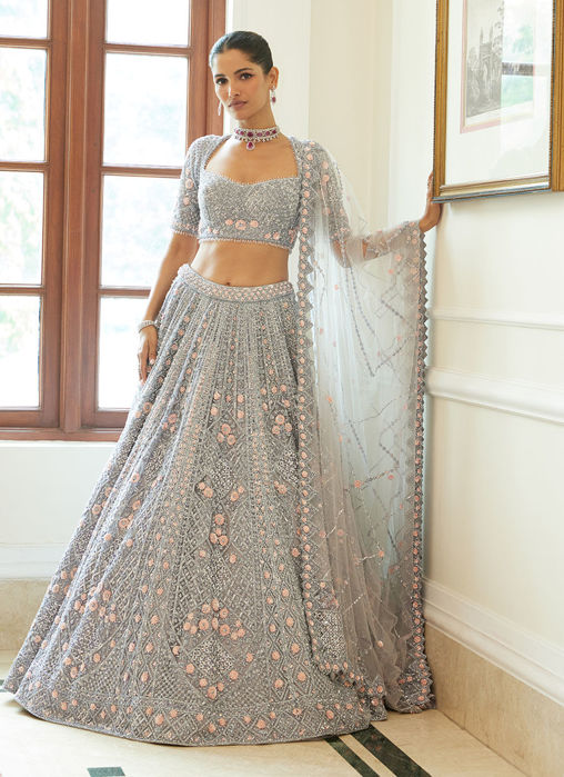 Picture of SILVER GREY NET LEHENGA CHOLI SET