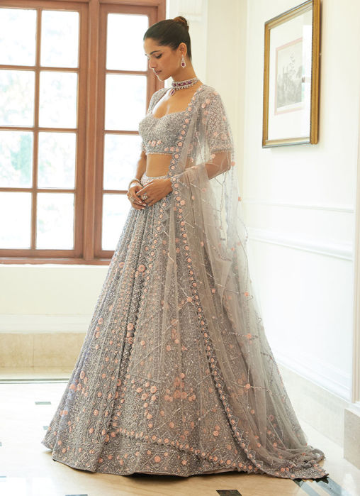 SILVER GREY NET LEHENGA CHOLI SET