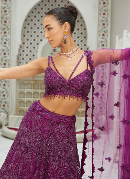 WINE NET LEHENGA CHOLI DUPATTA