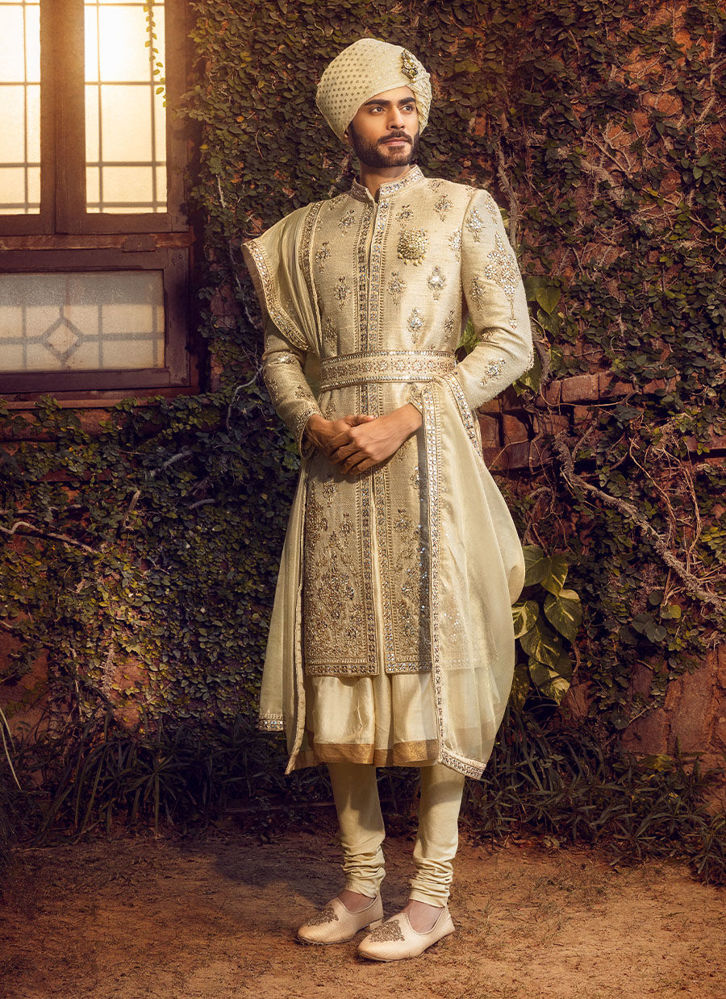 Picture of GOLD RAW SILK ACHKAN WITH KURTA AND CHURIDAR