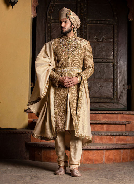 GOLD RAW SILK ACHKAN WITH KURTA AND CHURIDAR