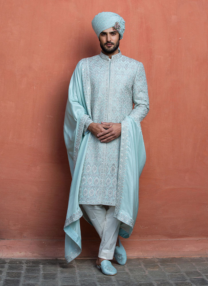 Picture of AQUA BLUE ACHKAN WITH  KURTA AND PANT