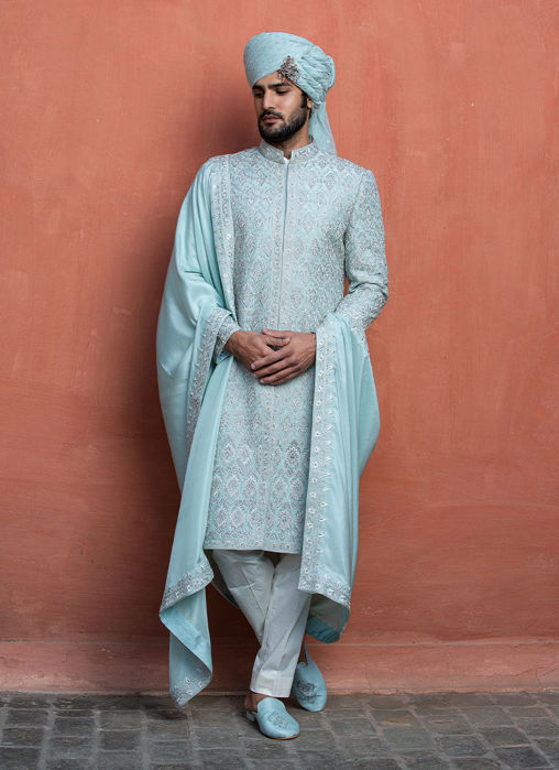 AQUA BLUE ACHKAN WITH  KURTA AND PANT