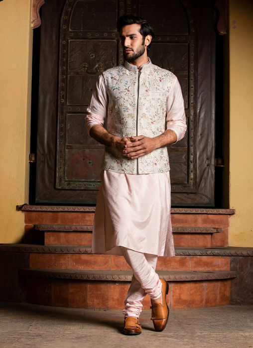 Picture of CREAM JACKET WITH BLUSH PINK KURTA AND CHURIDAR