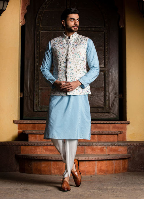 Picture of IVORY FLORAL JACKET WITH KURTA AND IVORY DHOTI