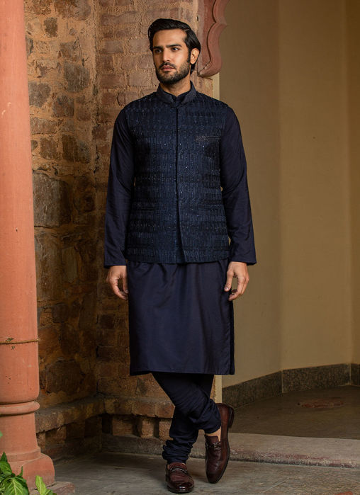 Picture of NAVY BLUE KURTA CHURIDAR WITH  NEHRU JACKET
