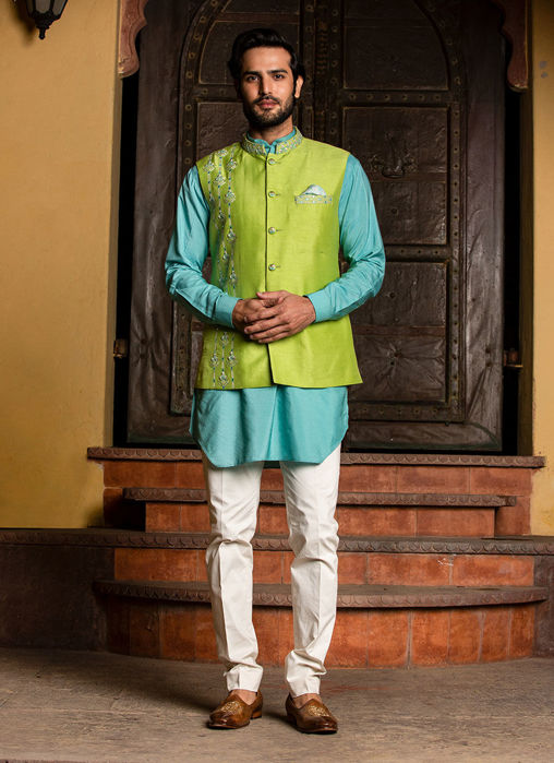 Picture of TURQ KURTA WITH LIME RAW SILK JACKET AND PANT