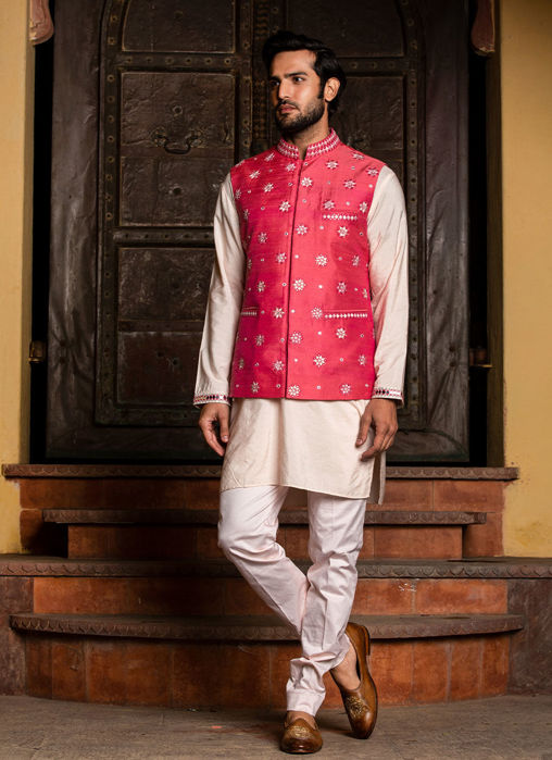 Picture of BLUSH KURTA TROUSER WITH CORAL EMBROIDERED RAW SILK JACKET