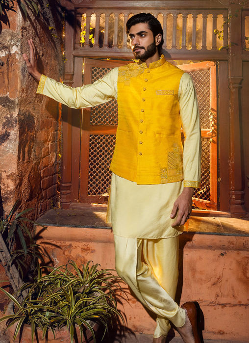 Picture of LEMON KURTA DHOTI SET WITH YELLOW RAW SILK EMBROIDERED JACKET