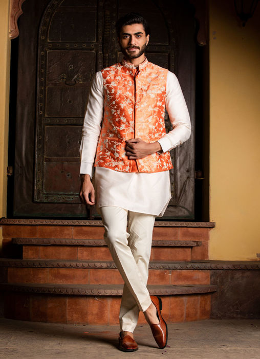 Picture of ORANGE RAW SILK EMBROIDERED NEHRU JACKET WITH KURTA AND PANT