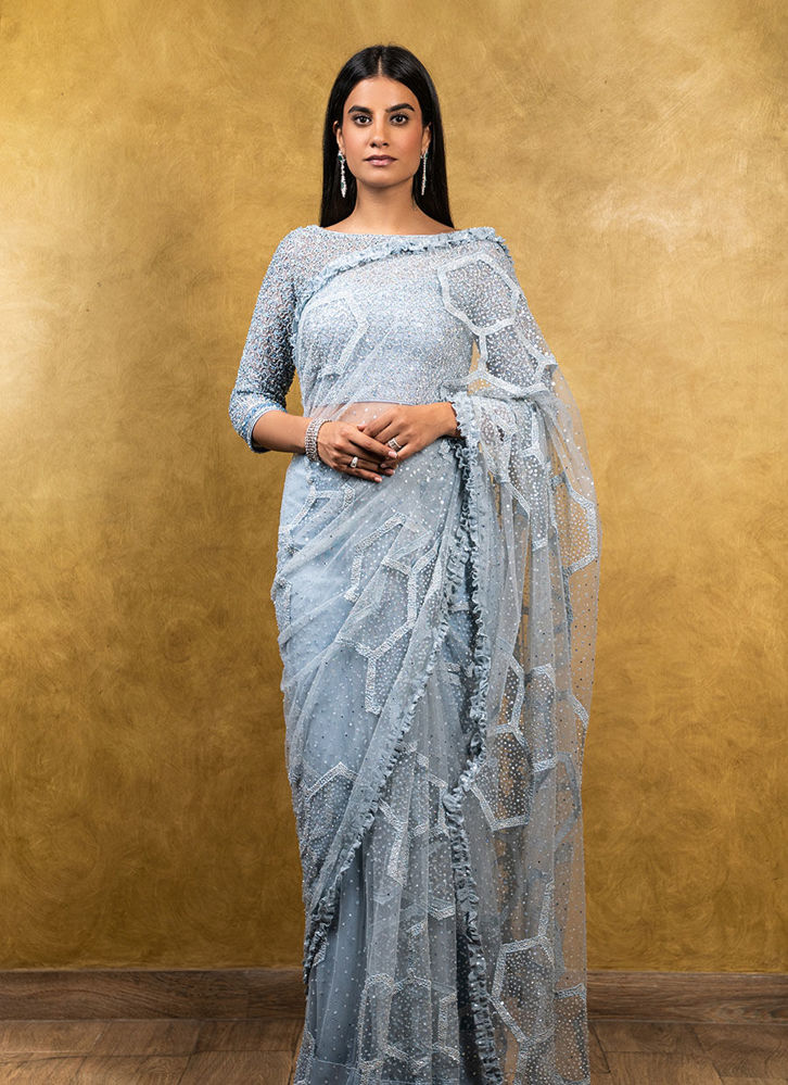 Picture of Powder Blue Tulle Patchwork Saree
