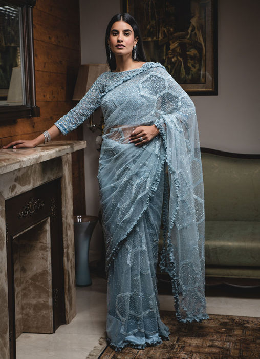 Powder Blue Tulle Patchwork Saree