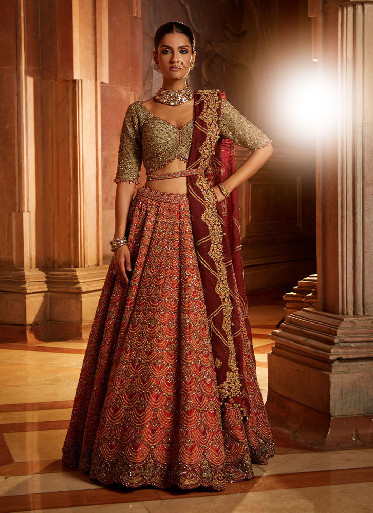Picture of Rust Lehenga with Olive Choli