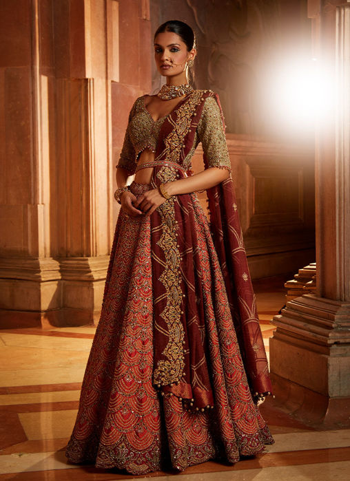 Rust Lehenga with Olive Choli