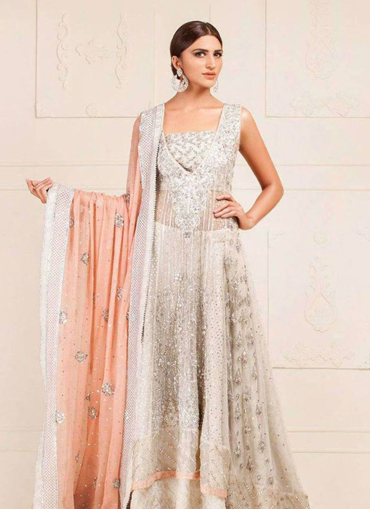 Picture of Ivory net fully hand embroidered dress