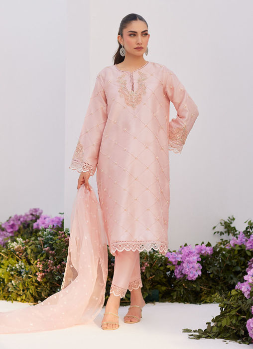 Picture of Bebe blush pink embellished Raw silk Kurta shirt and dupatta