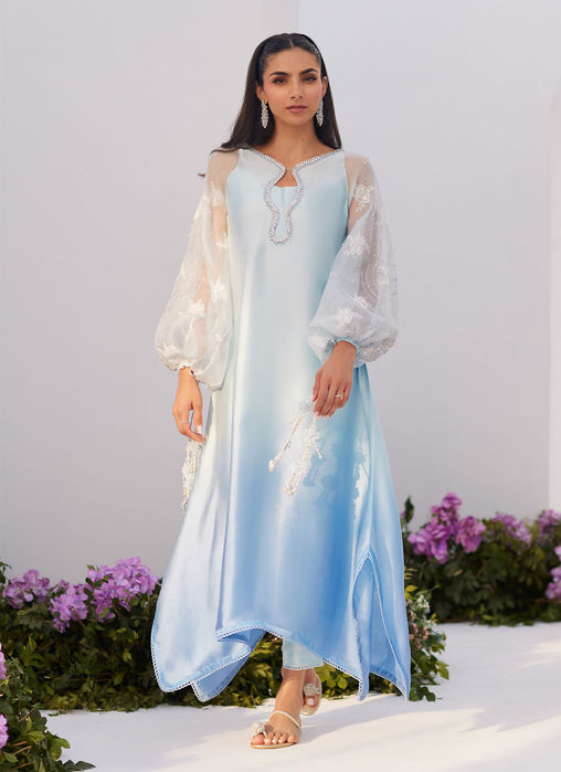 Picture of Bow ombre blue embellished kaftan cut shirt