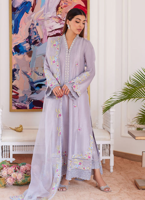 Picture of Odette Silver Grey Embroidered Raw Silk Kalidar With Dupatta