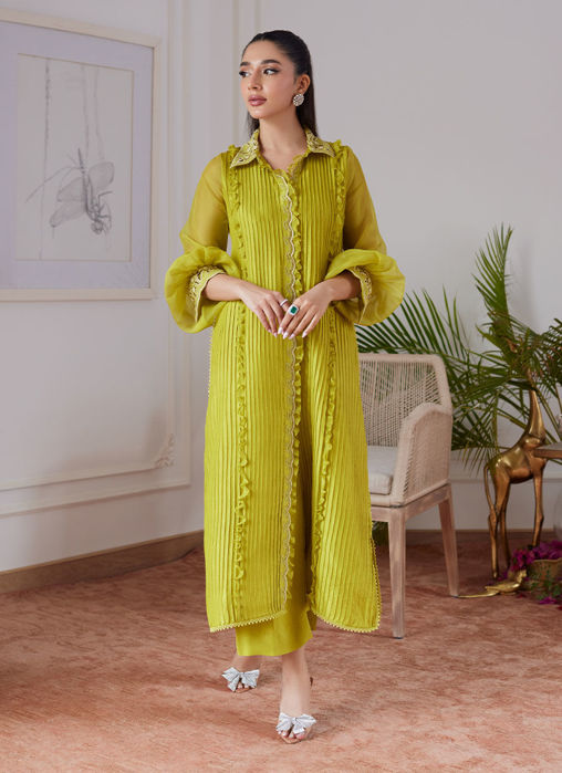 Picture of Faustine Kiwi Embroidered Raw Silk Shirt