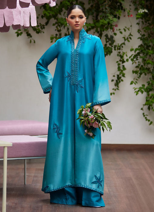 Picture of Deeri ombre blue embellished kaftan cut shirt