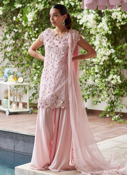 Picture of Karina Blush Schiffli Raw Silk Shirt with Pre-Draped Dupatta