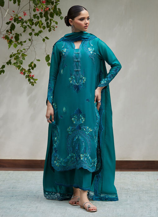 Picture of Leona Emerald Embroidered Cotton Net Shirt with Silk Dupatta