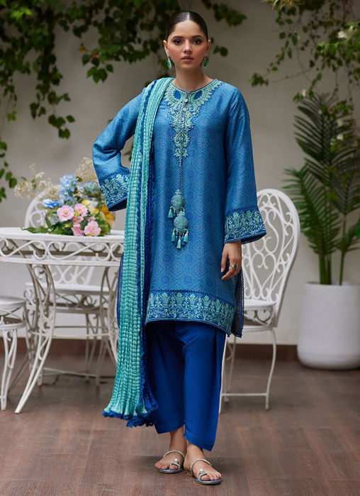 Picture of Faina Cobalt Blue Embroidered Raw Silk Shirt and Dupatta