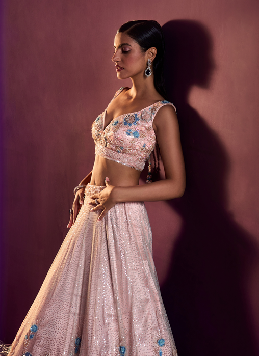 Peach Net Lehenga Set