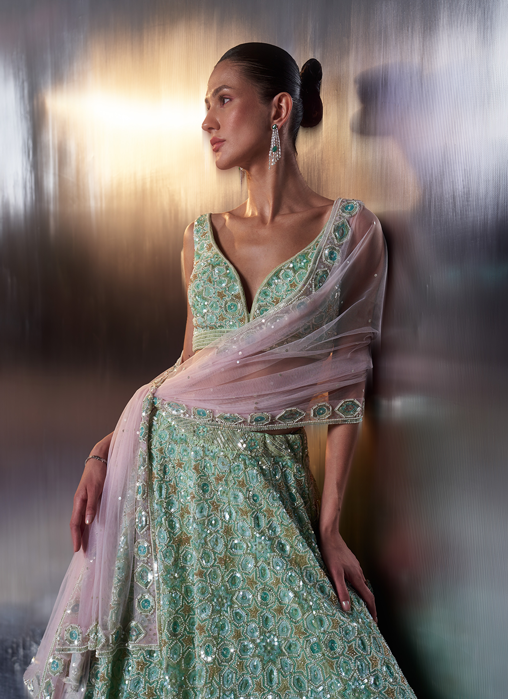 Sea Green Organza Lehenga Set