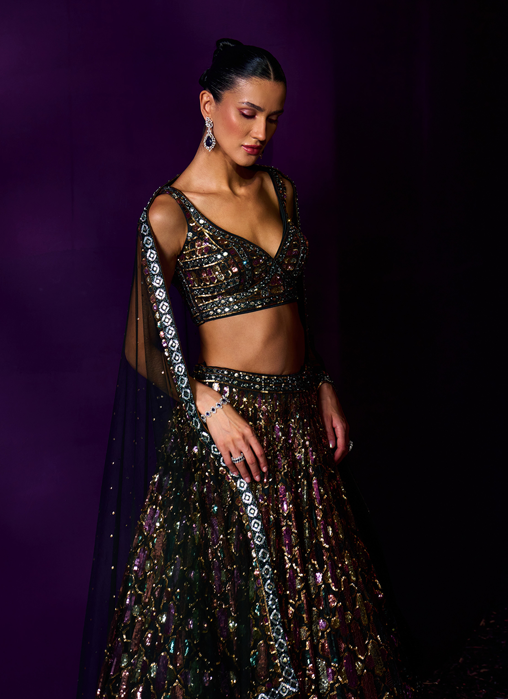 Emerald Green Organza Lehenga Set