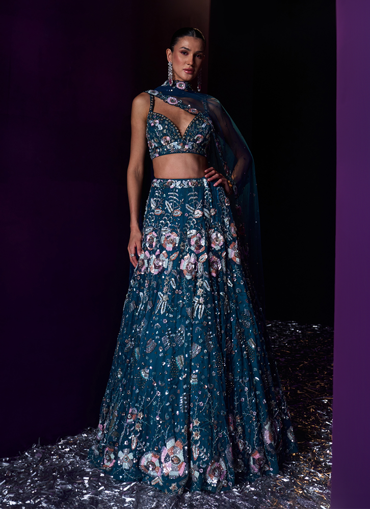 Picture of Peacock Blue Net Lehenga Set