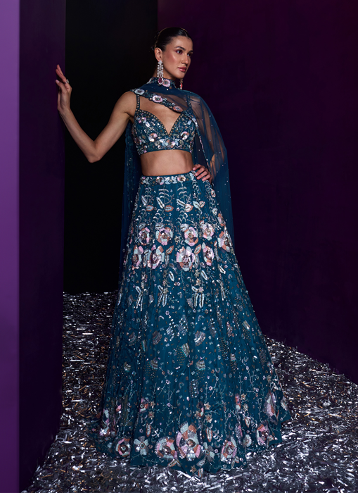 Peacock Blue Net Lehenga Set