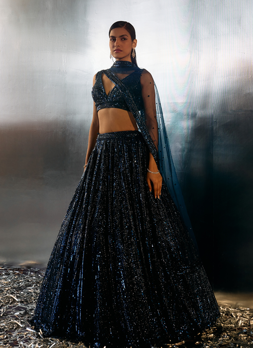 Electric Blue Net Lehenga Set