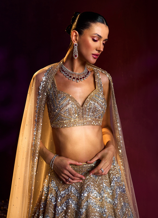 Gold Net Lehenga Set