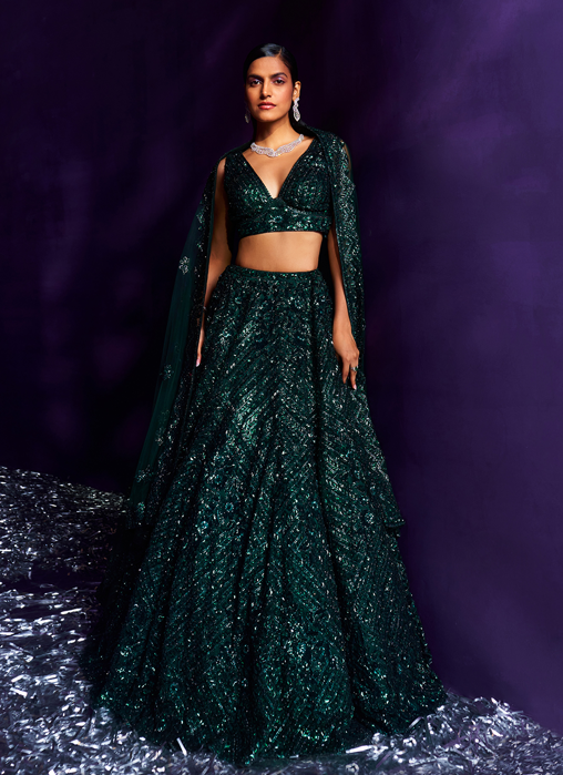Emerald Green Net Lehenga Set